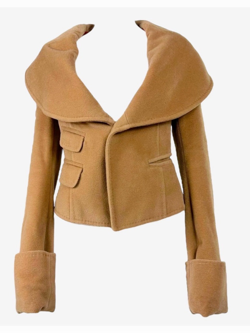 DSQUARED2 Camel Wool-Blend Short Pea Coat with Oversized Shawl Collar